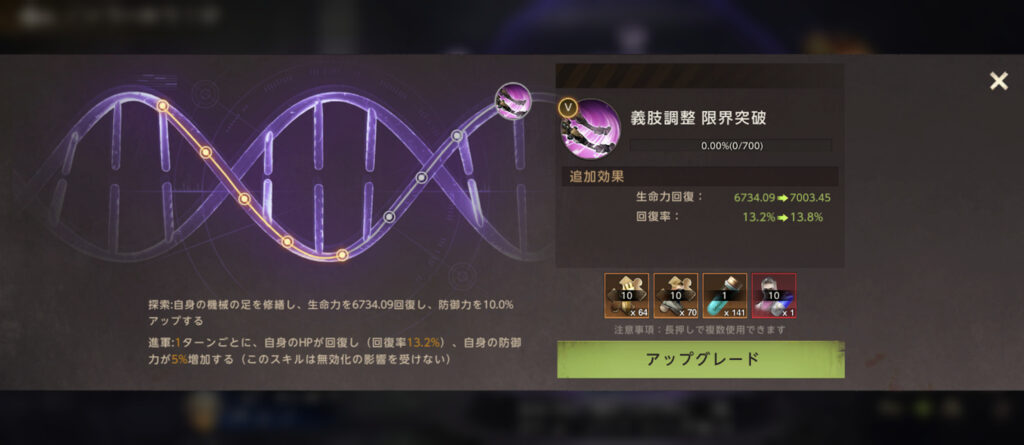 スキル集中強化の画面